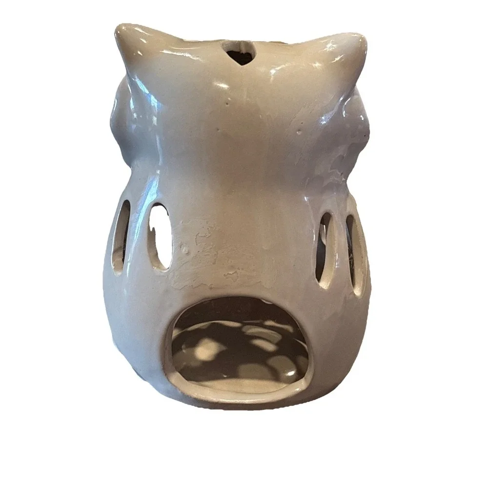 Ceramic Owl Candle Holder White Goldtone 6.75